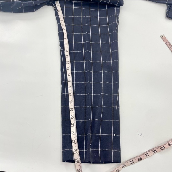 PEARL Lela Rose Navy Blue Checkered Plaid Long Sleeve Collared Minimal Jumpsuit - Picture 10 of 13